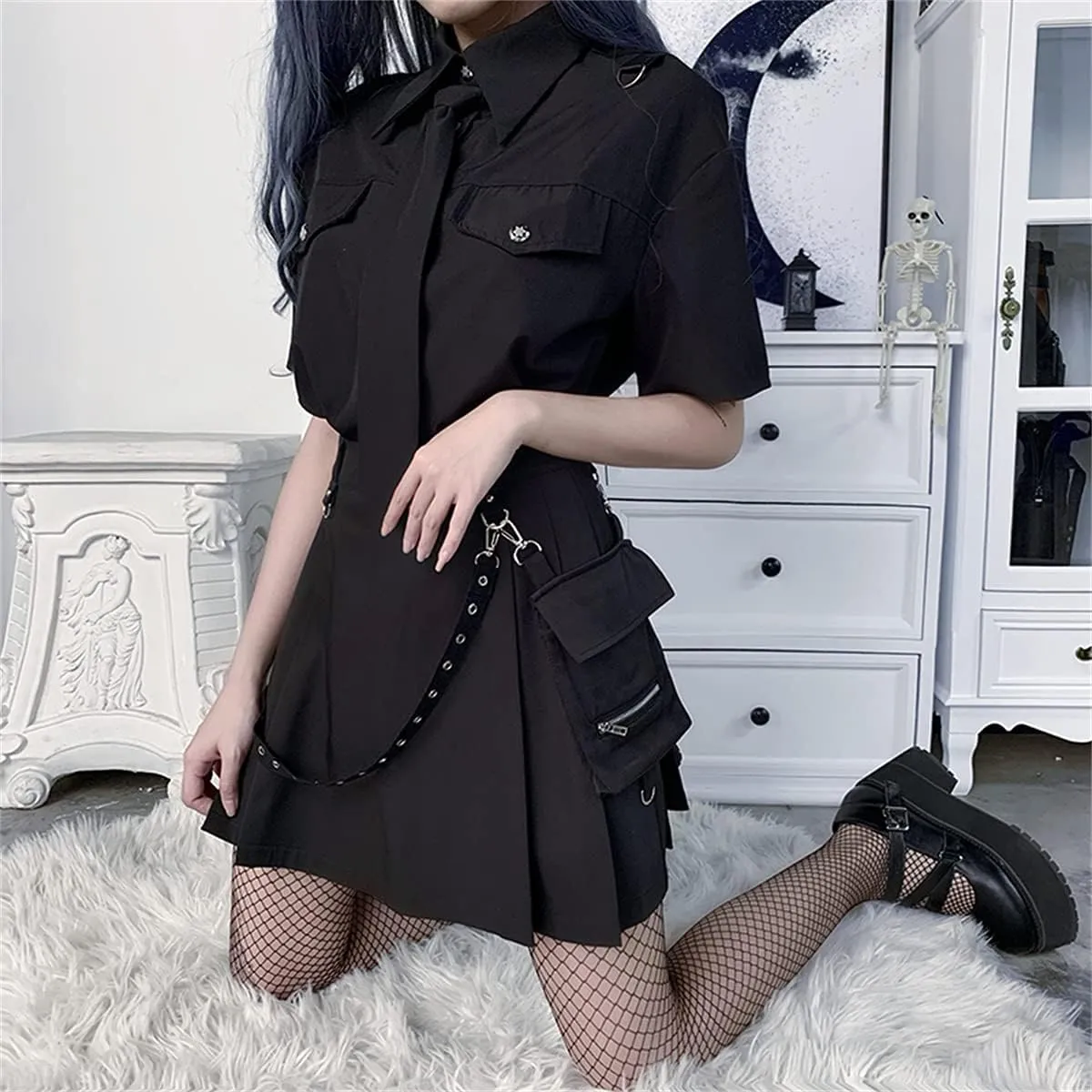 Womens High Waisted Goth Skirt Black Mini Skirts with Chain Short A-line Pleated School Tennis Dress