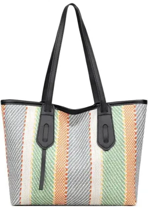 Women's Large Capacity Striped Tote Bag Trendy Color Stripe Work Travel Satchel Handbag Contrast Hobo Shoulder Purse (Black)