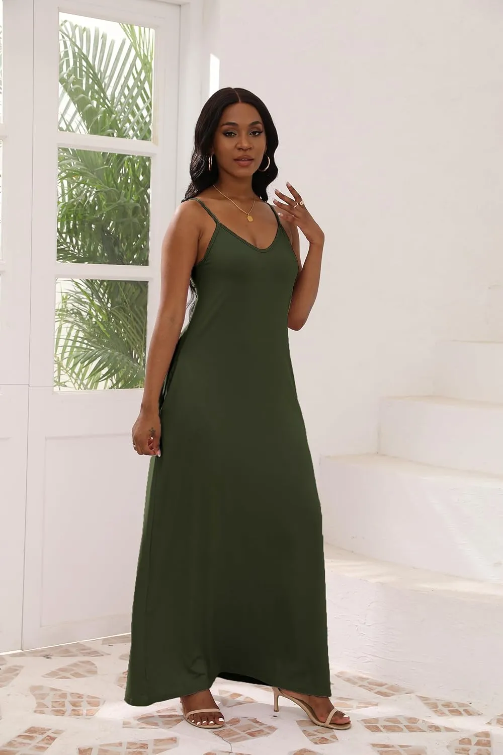 Women's Maxi Dresses V-Neck Adjustable Spaghetti Strap Sleeveless Dress Plus Size with Pockets