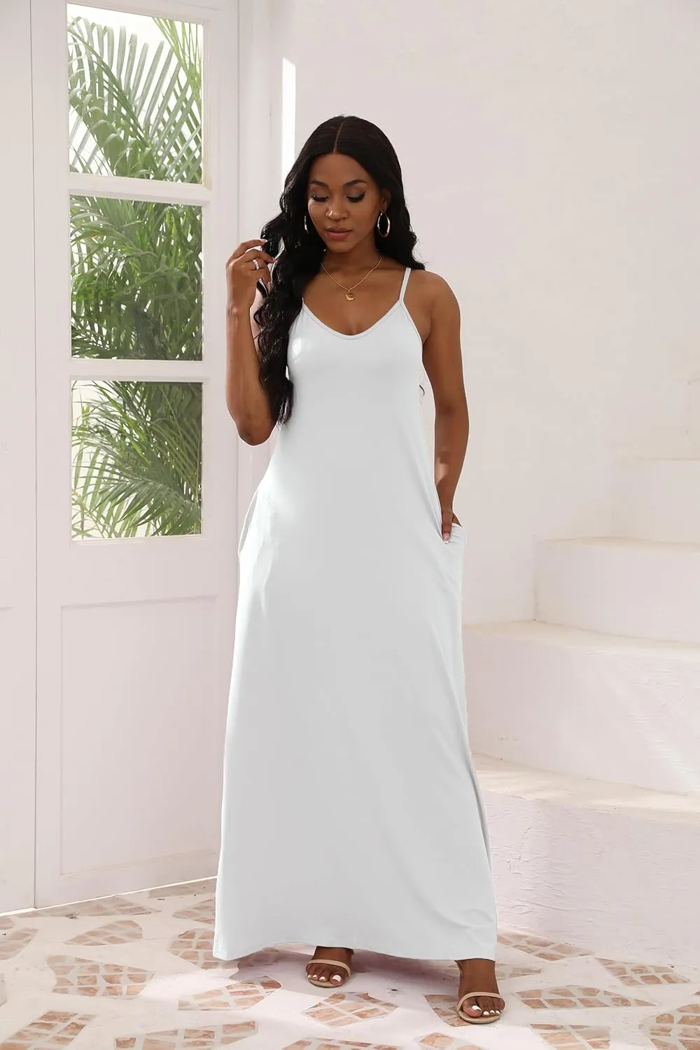 Women's Maxi Dresses V-Neck Adjustable Spaghetti Strap Sleeveless Dress Plus Size with Pockets