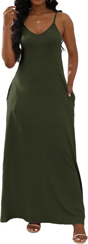 Women's Maxi Dresses V-Neck Adjustable Spaghetti Strap Sleeveless Dress Plus Size with Pockets