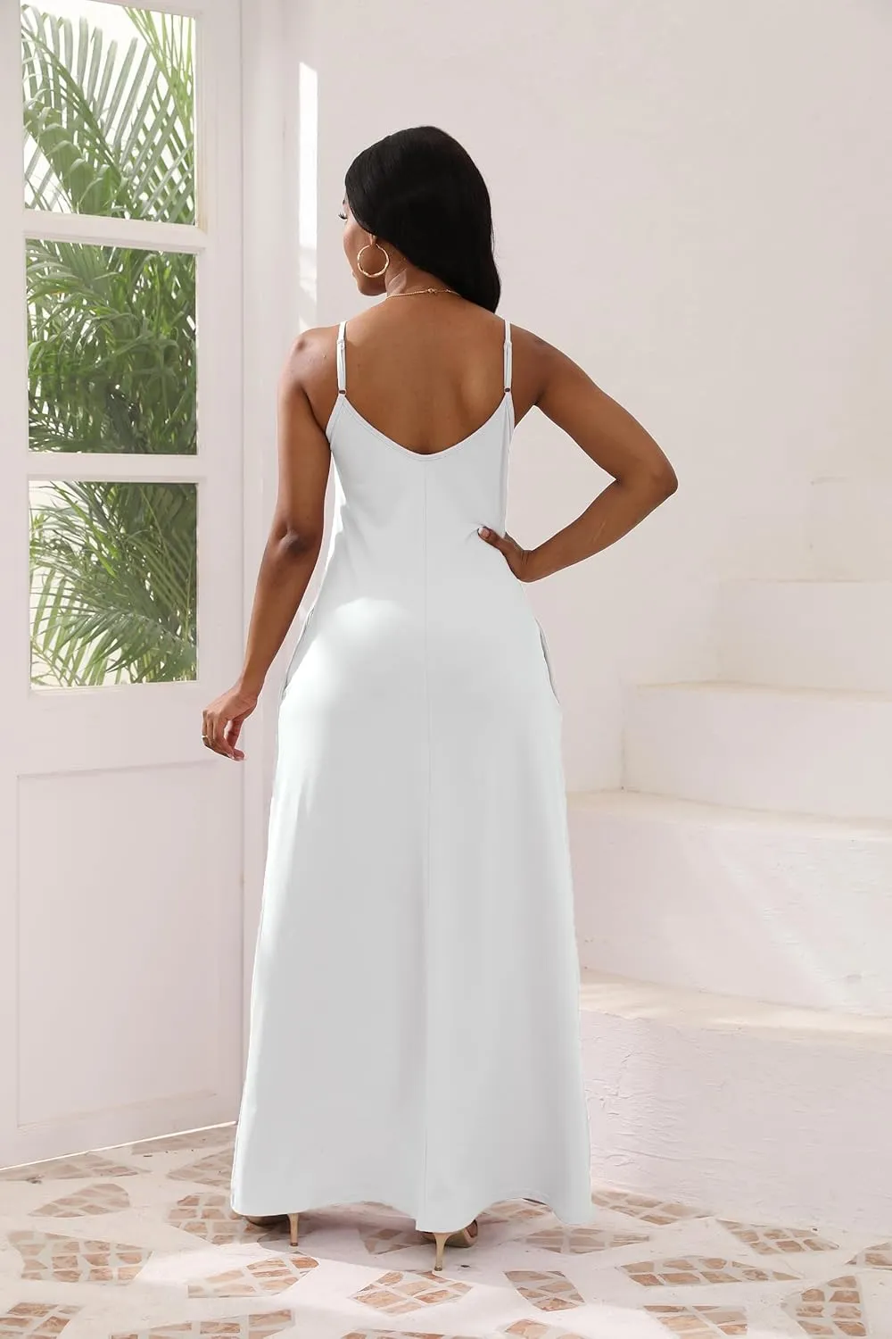Women's Maxi Dresses V-Neck Adjustable Spaghetti Strap Sleeveless Dress Plus Size with Pockets