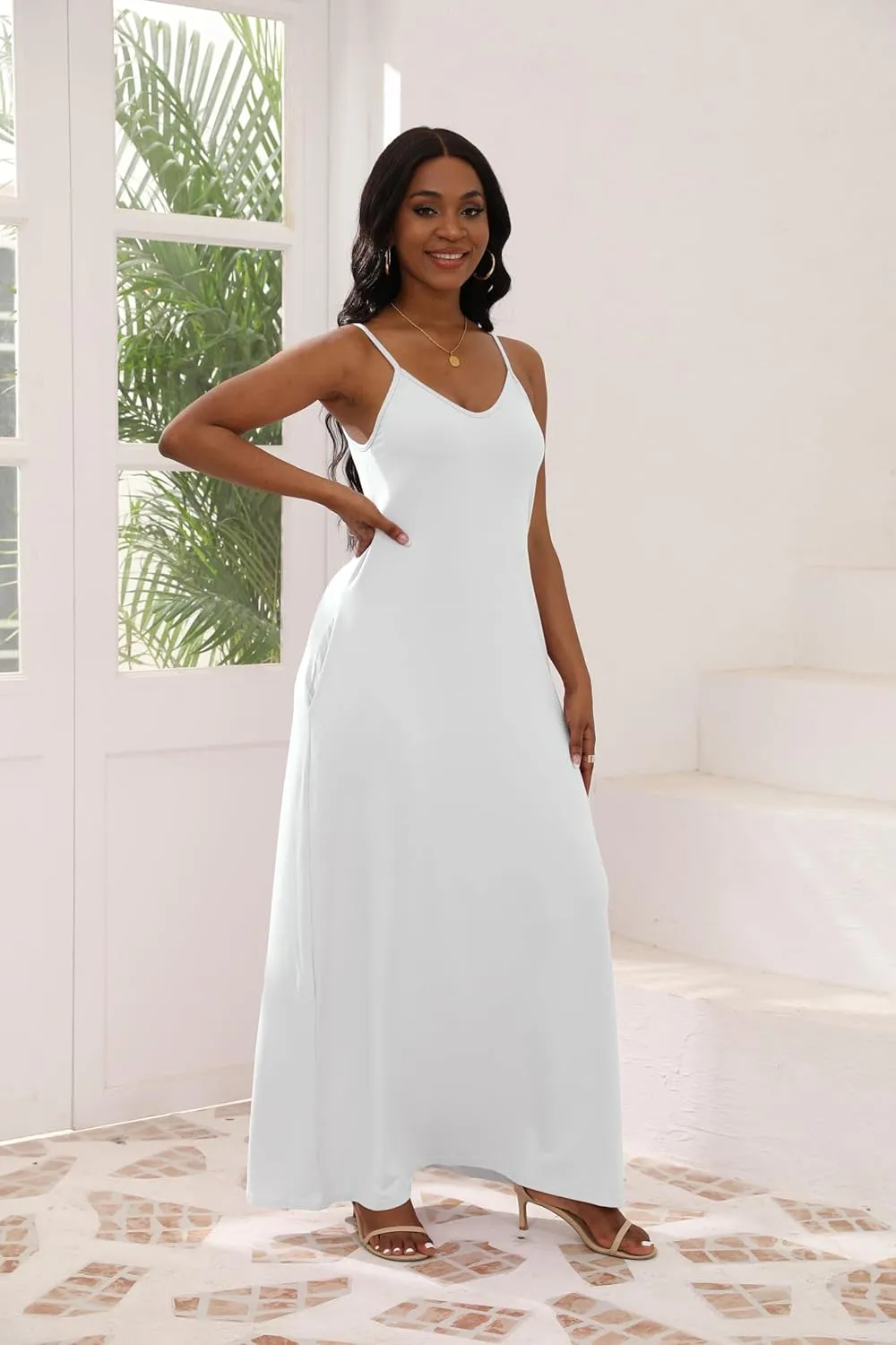 Women's Maxi Dresses V-Neck Adjustable Spaghetti Strap Sleeveless Dress Plus Size with Pockets