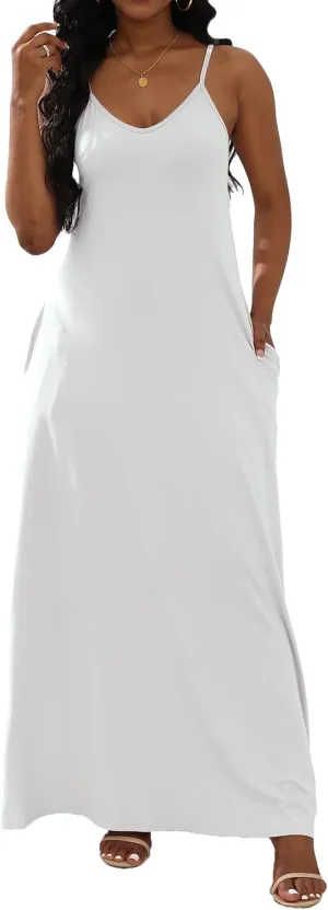 Women's Maxi Dresses V-Neck Adjustable Spaghetti Strap Sleeveless Dress Plus Size with Pockets