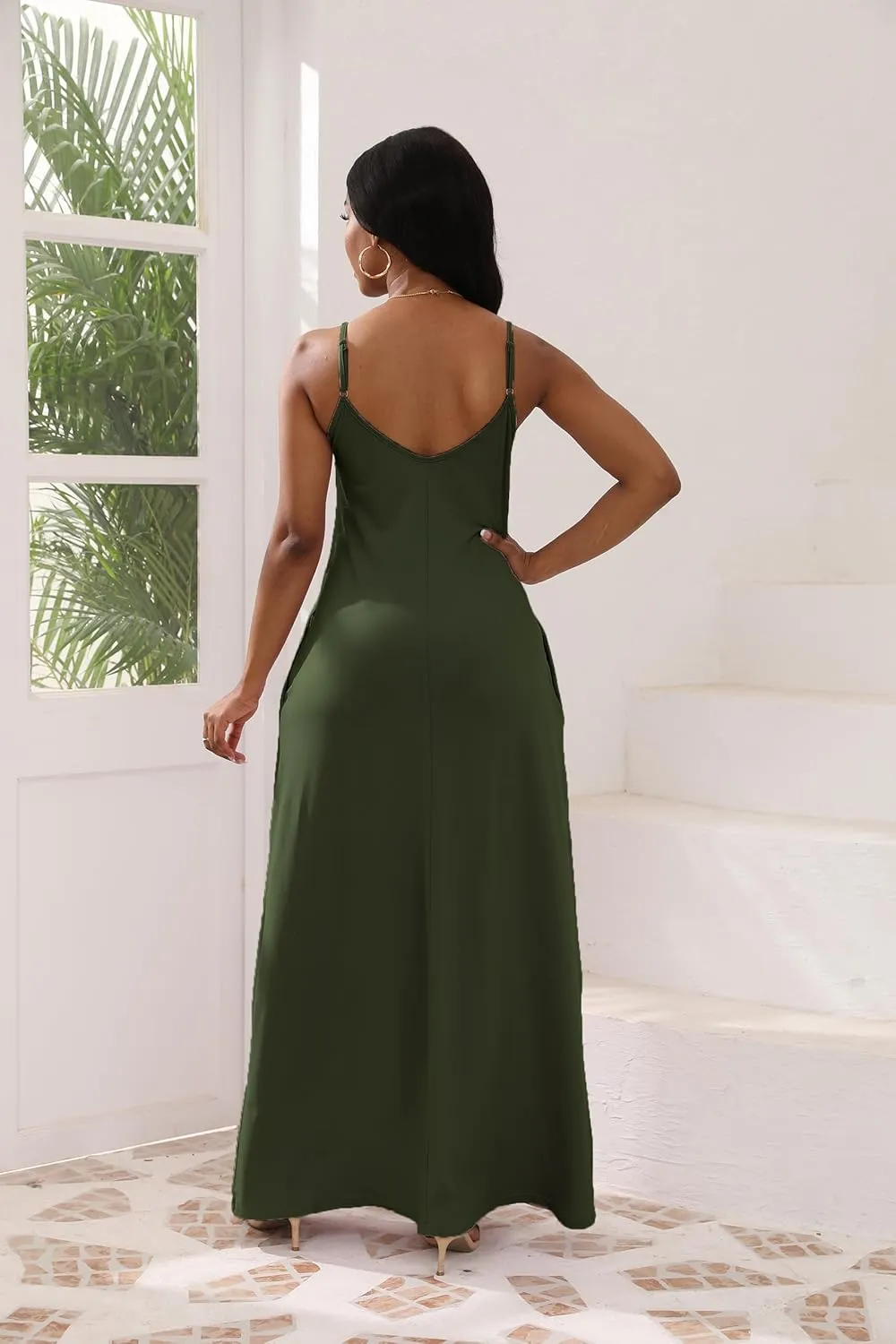 Women's Maxi Dresses V-Neck Adjustable Spaghetti Strap Sleeveless Dress Plus Size with Pockets