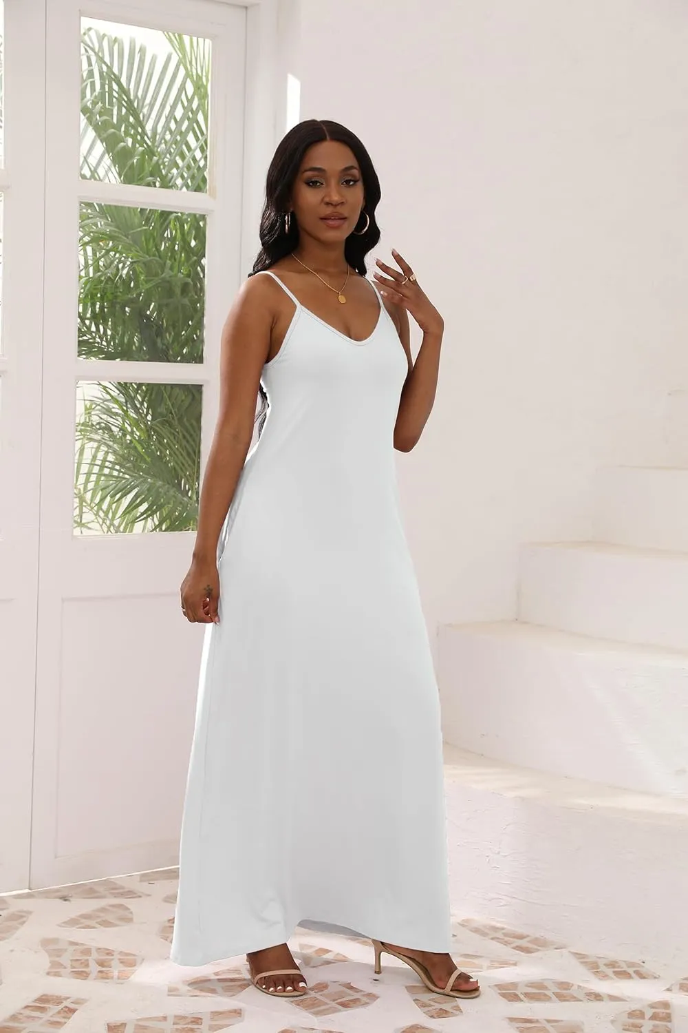 Women's Maxi Dresses V-Neck Adjustable Spaghetti Strap Sleeveless Dress Plus Size with Pockets