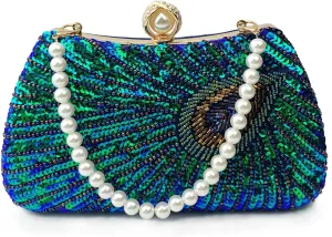 Women's Sequin Beaded Peacock Evening Clutch Purse Pearl Chain Vintage Handbag