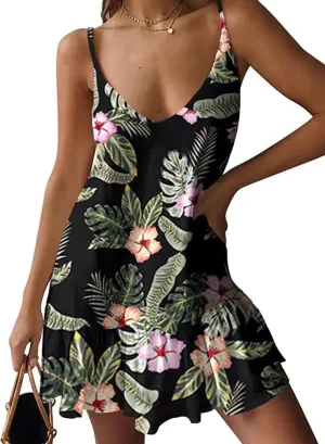 Women's Summer Pleated Hem Sling Dress Vacation Cute Cover Up Hollow Out Solid Color Midi Dress