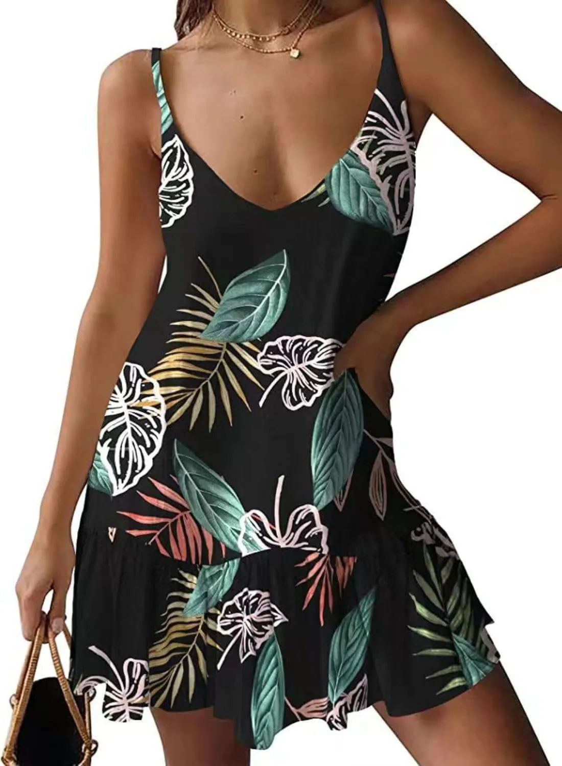 Women's Summer Pleated Hem Sling Dress Vacation Cute Cover Up Hollow Out Solid Color Midi Dress