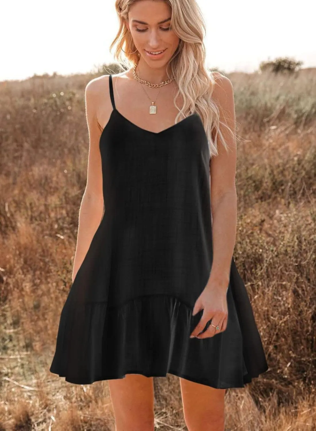 Women's Summer Pleated Hem Sling Dress Vacation Cute Cover Up Hollow Out Solid Color Midi Dress