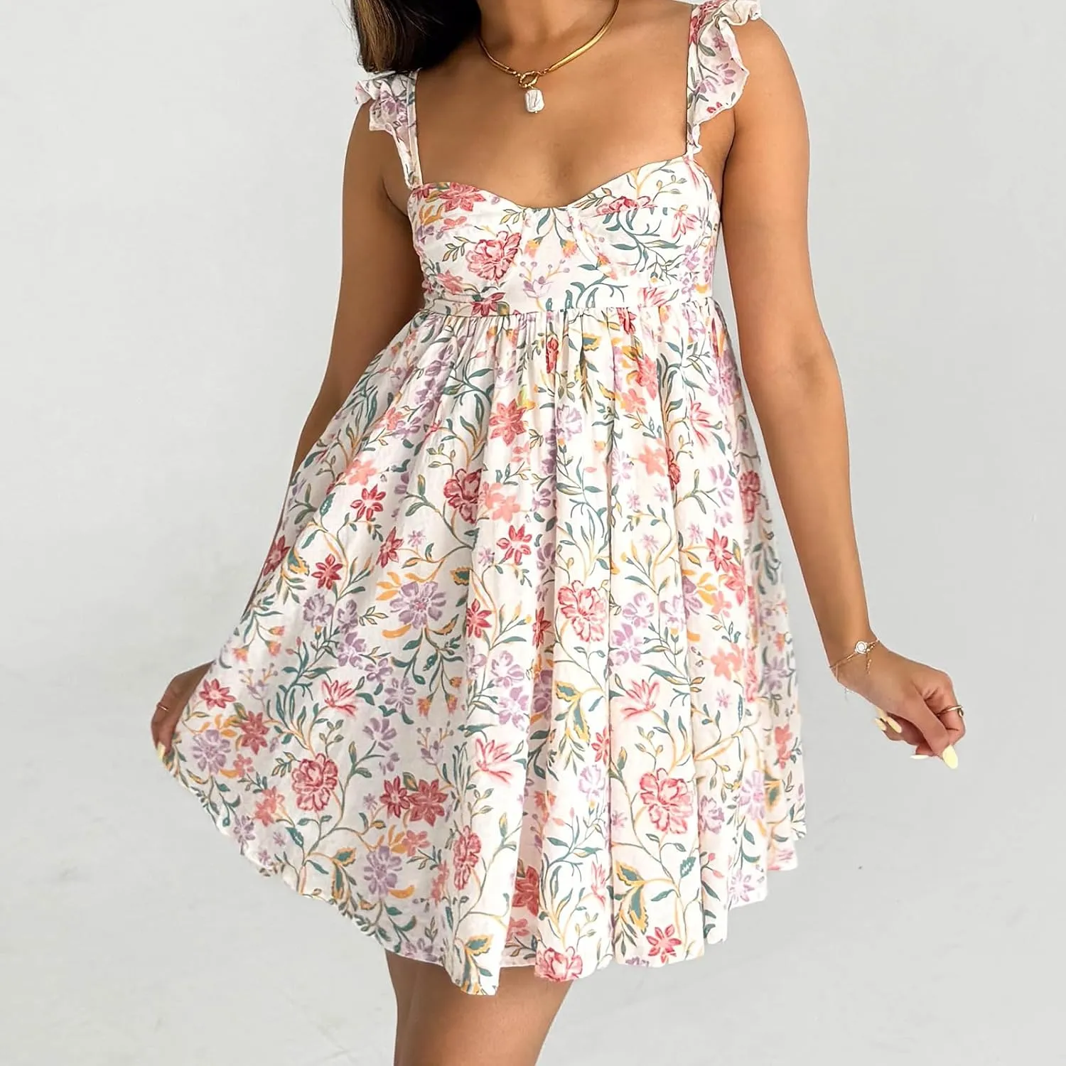 Women's Y2K Cami Mini Dress Spaghetti Strap Ruffle Short Floral/Solid Mini Babydoll Party Summer Beach Dress