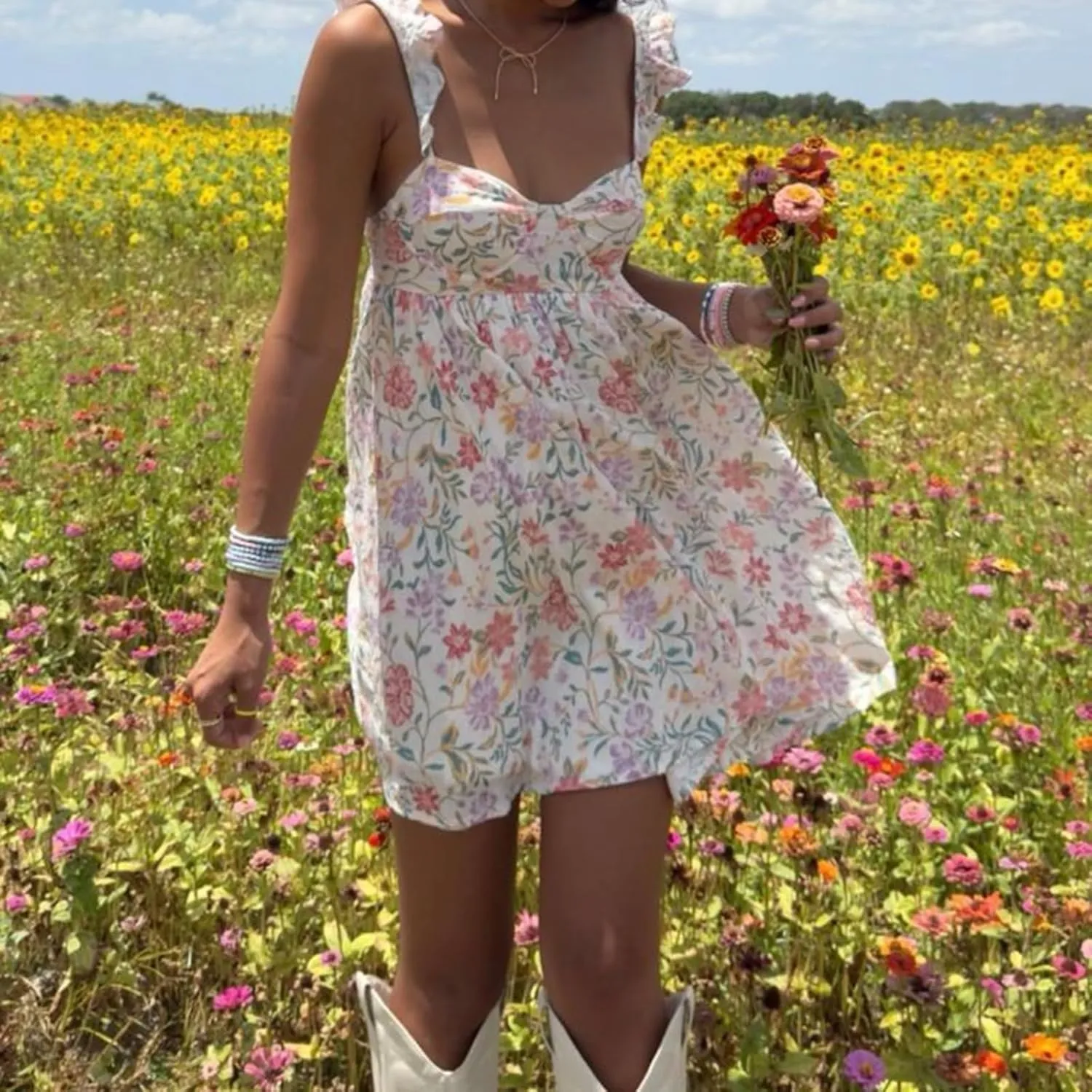 Women's Y2K Cami Mini Dress Spaghetti Strap Ruffle Short Floral/Solid Mini Babydoll Party Summer Beach Dress