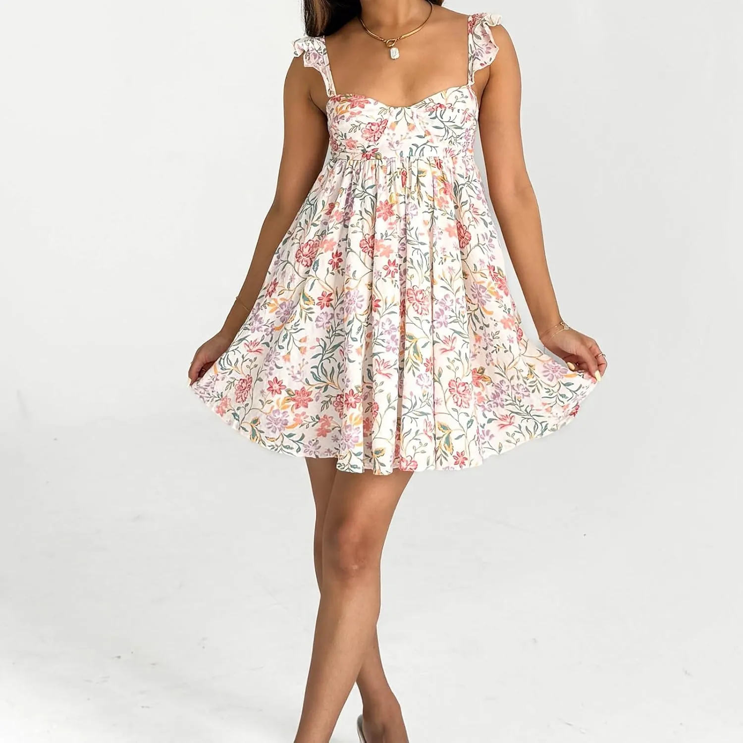 Women's Y2K Cami Mini Dress Spaghetti Strap Ruffle Short Floral/Solid Mini Babydoll Party Summer Beach Dress