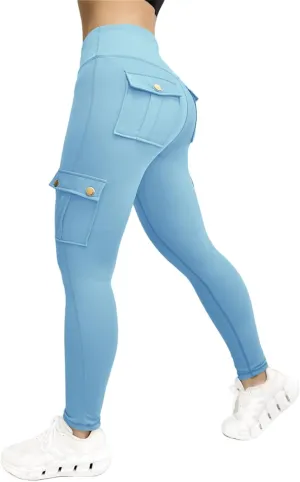Workout Cargo Leggings for Women High Waist Tummy Control Yoga Butt Lifting Leggings Gym Tights with Flap Pockets