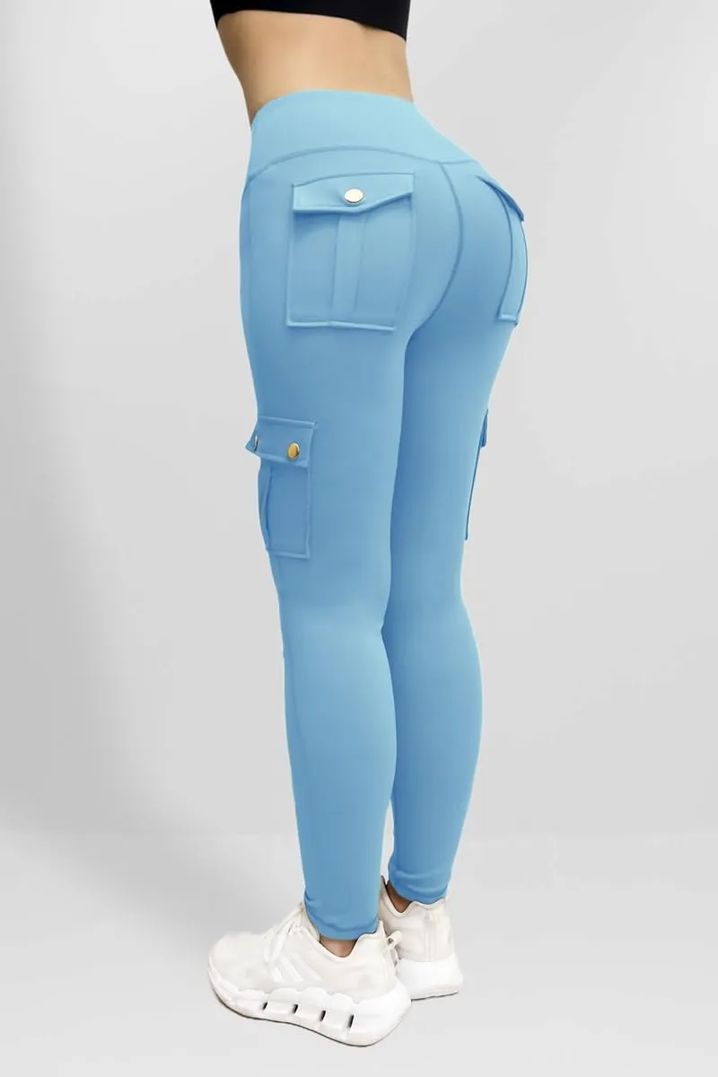 Workout Cargo Leggings for Women High Waist Tummy Control Yoga Butt Lifting Leggings Gym Tights with Flap Pockets