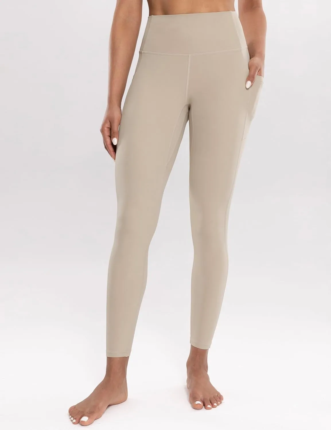 Workout Leggings with Pockets for Women High Waist Yoga Pants 7/8 Cream Soft Lightweight Athletic Gym Tights 25"