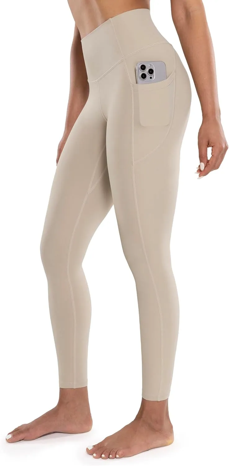 Workout Leggings with Pockets for Women High Waist Yoga Pants 7/8 Cream Soft Lightweight Athletic Gym Tights 25"