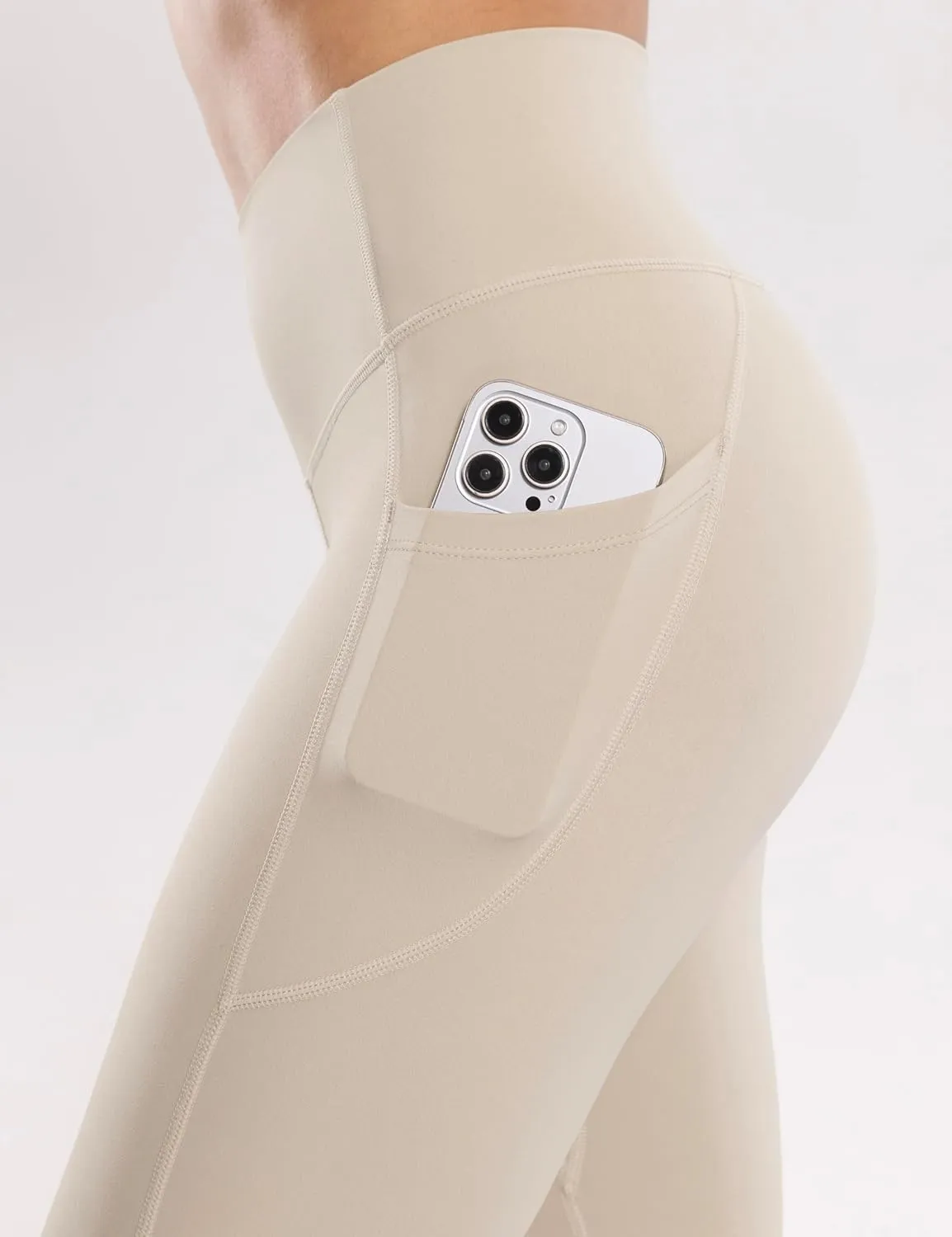 Workout Leggings with Pockets for Women High Waist Yoga Pants 7/8 Cream Soft Lightweight Athletic Gym Tights 25"