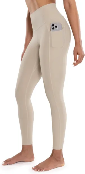 Workout Leggings with Pockets for Women High Waist Yoga Pants 7/8 Cream Soft Lightweight Athletic Gym Tights 25"