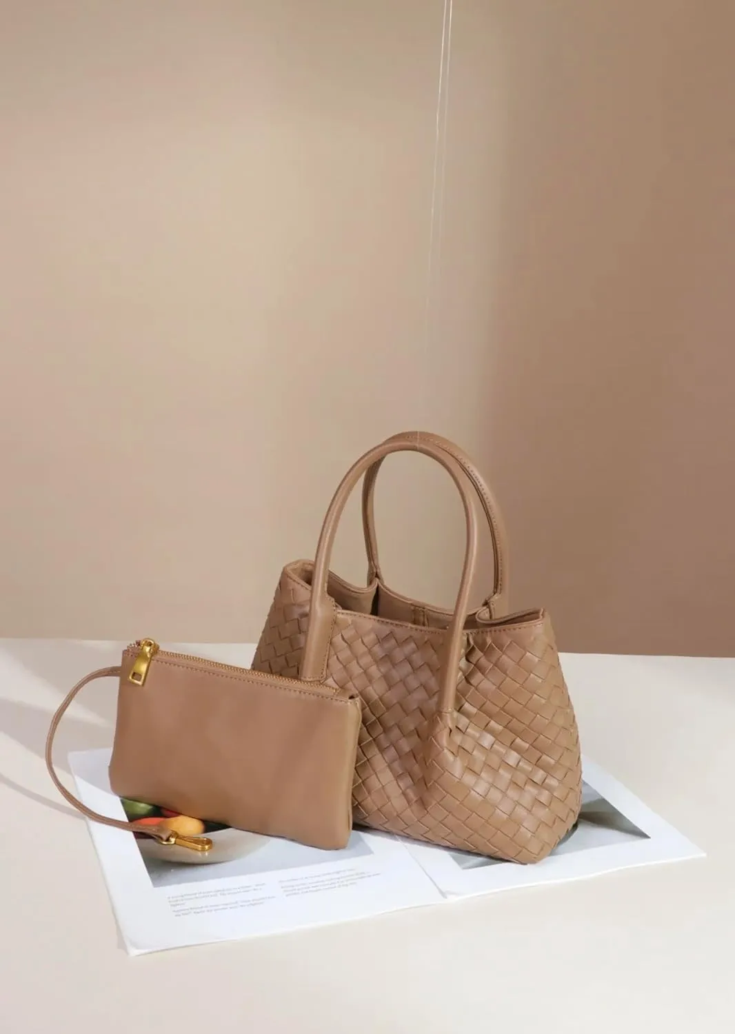 Woven Tote Bag Genuine Leather Tote Bag Summer Beach Woven Handbag Satchel Bags for Women Top Handle Ladies Shoulder Bag 2pcs