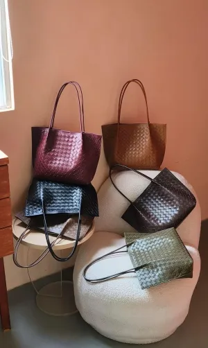 Woven Tote Bag Genuine Leather Tote Bag Summer Beach Woven Handbag Satchel Bags for Women Top Handle Ladies Shoulder Bag 2pcs