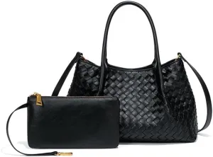 Woven Tote Bag Genuine Leather Tote Bag Summer Beach Woven Handbag Satchel Bags for Women Top Handle Ladies Shoulder Bag 2pcs