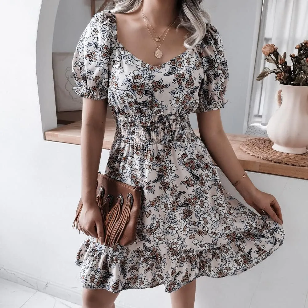 Wuitrie Womens Chiffon Floral Summer Dress Wrap V Neck Short Sleeve Ruffle High Waist Casual Boho Beach Mini Swing Dress