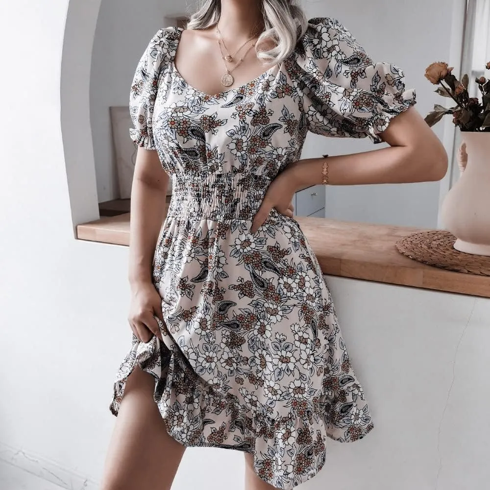 Wuitrie Womens Chiffon Floral Summer Dress Wrap V Neck Short Sleeve Ruffle High Waist Casual Boho Beach Mini Swing Dress