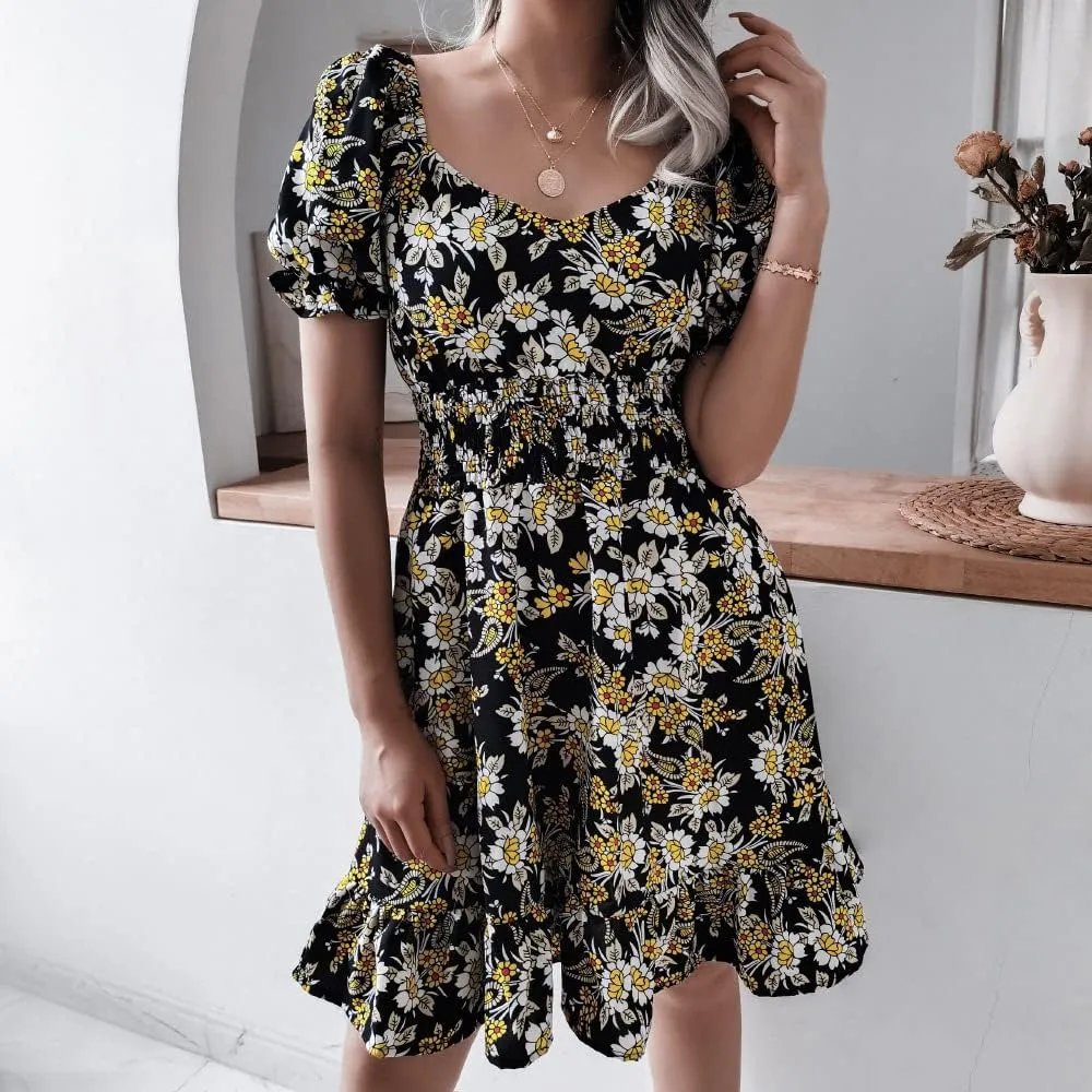Wuitrie Womens Chiffon Floral Summer Dress Wrap V Neck Short Sleeve Ruffle High Waist Casual Boho Beach Mini Swing Dress