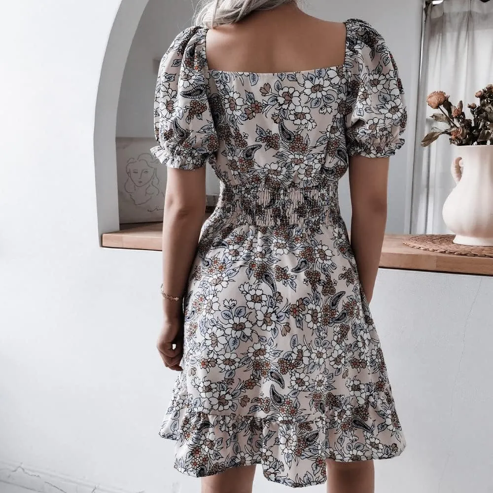 Wuitrie Womens Chiffon Floral Summer Dress Wrap V Neck Short Sleeve Ruffle High Waist Casual Boho Beach Mini Swing Dress