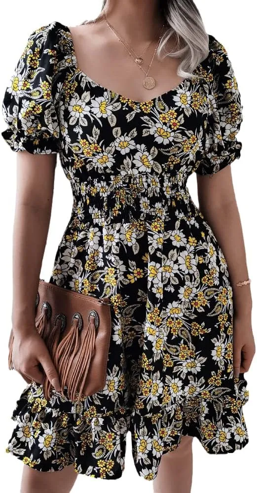 Wuitrie Womens Chiffon Floral Summer Dress Wrap V Neck Short Sleeve Ruffle High Waist Casual Boho Beach Mini Swing Dress