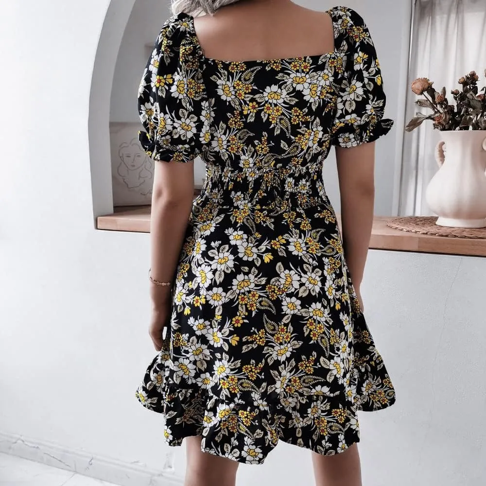 Wuitrie Womens Chiffon Floral Summer Dress Wrap V Neck Short Sleeve Ruffle High Waist Casual Boho Beach Mini Swing Dress