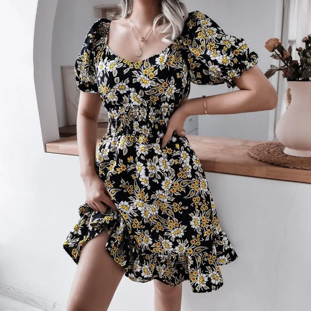 Wuitrie Womens Chiffon Floral Summer Dress Wrap V Neck Short Sleeve Ruffle High Waist Casual Boho Beach Mini Swing Dress