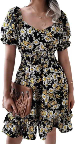 Wuitrie Womens Chiffon Floral Summer Dress Wrap V Neck Short Sleeve Ruffle High Waist Casual Boho Beach Mini Swing Dress
