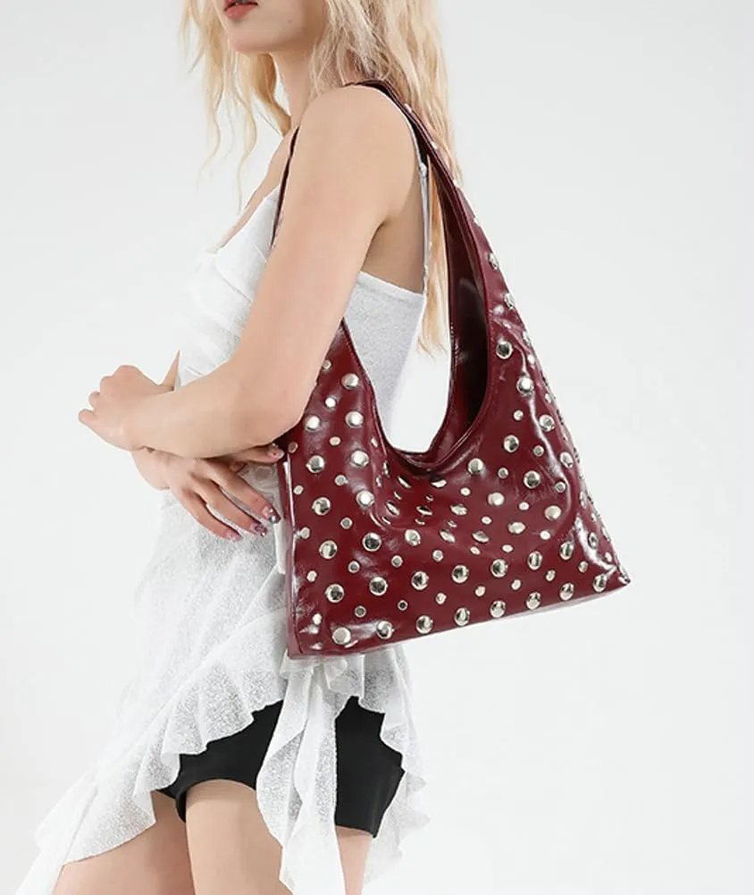 Y2k 90s Studded Hobo Bags Women Trendy Punk PU Leather Underarm Crescent Crossbody Purse Satchels Shoulder Tote Handbag