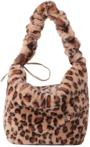 y2k Cheetah Handbags for Women, Cute Hobo Bag Shoulder Bag Aesthetic Grunge Fuzzy Sling Purse Leopard Print Purse (Khaki leopard)