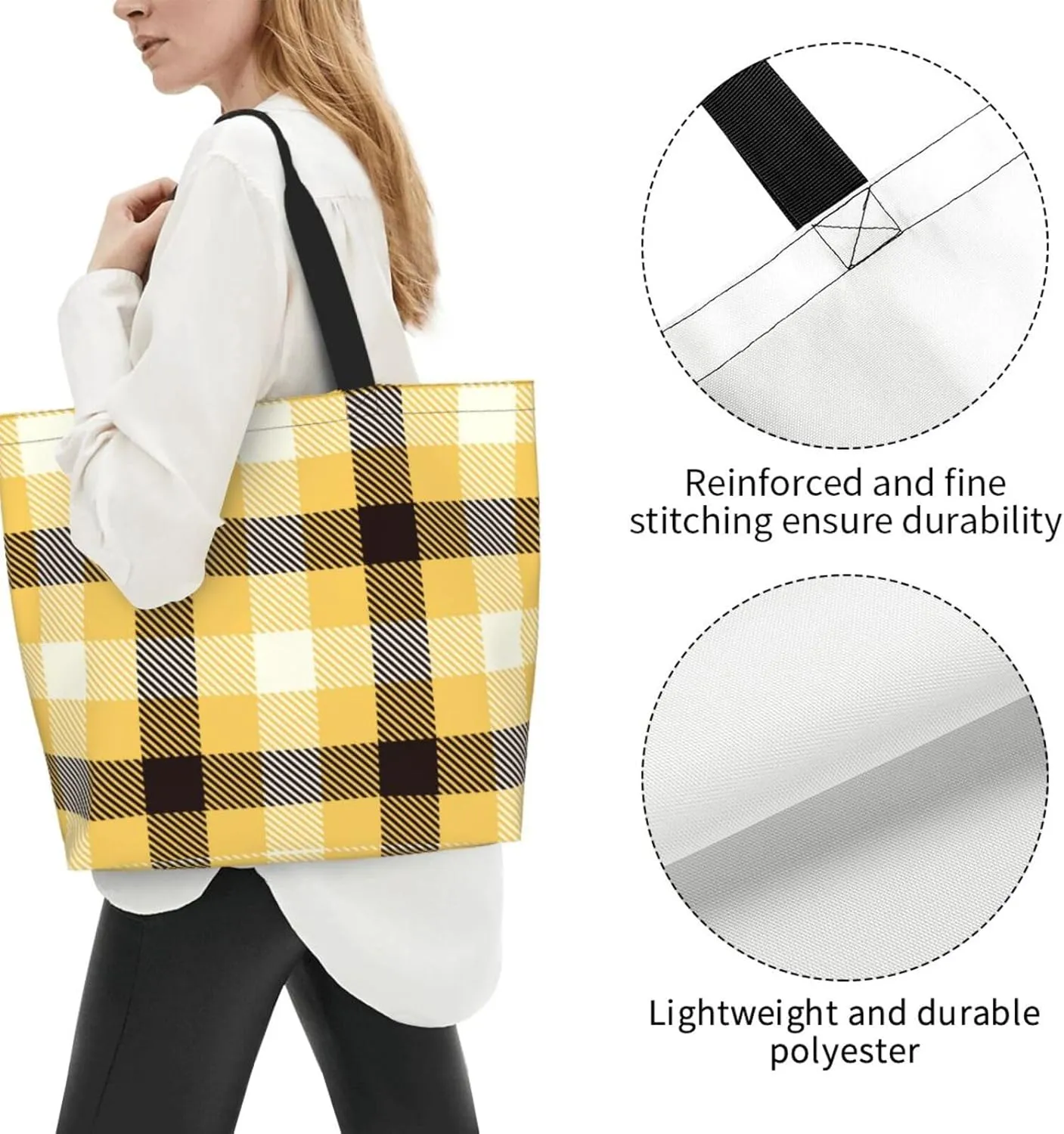 Yellow and Black Tartan Pattern Women's Tote Bag Large Capacity Single Shoulder Bags Handbag for Shopping Work
