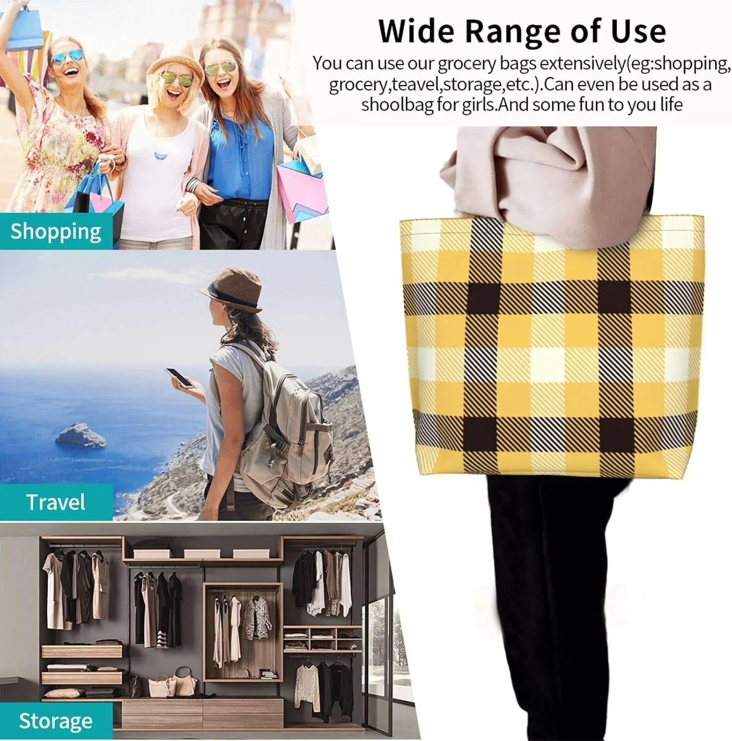 Yellow and Black Tartan Pattern Women's Tote Bag Large Capacity Single Shoulder Bags Handbag for Shopping Work