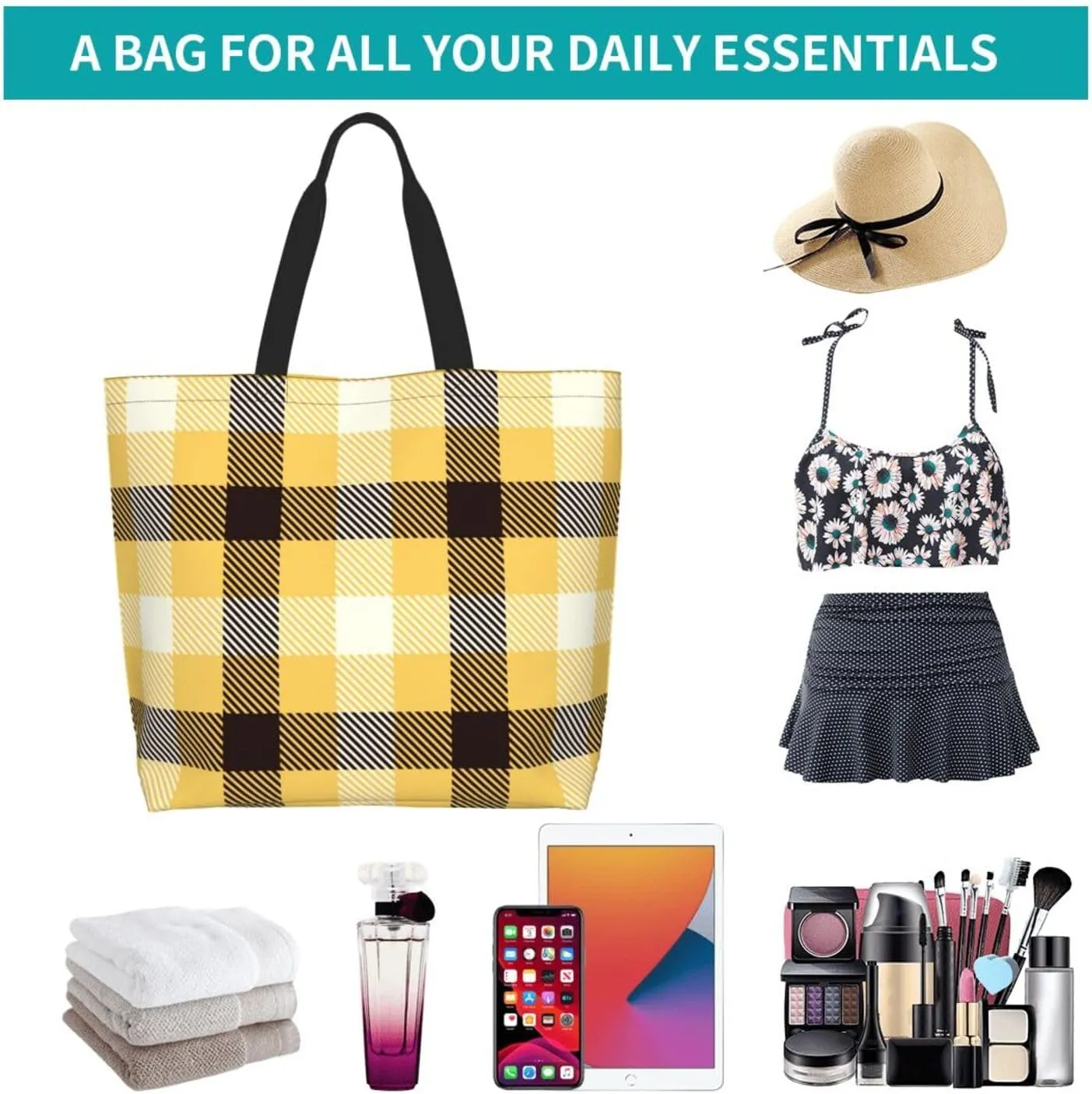 Yellow and Black Tartan Pattern Women's Tote Bag Large Capacity Single Shoulder Bags Handbag for Shopping Work