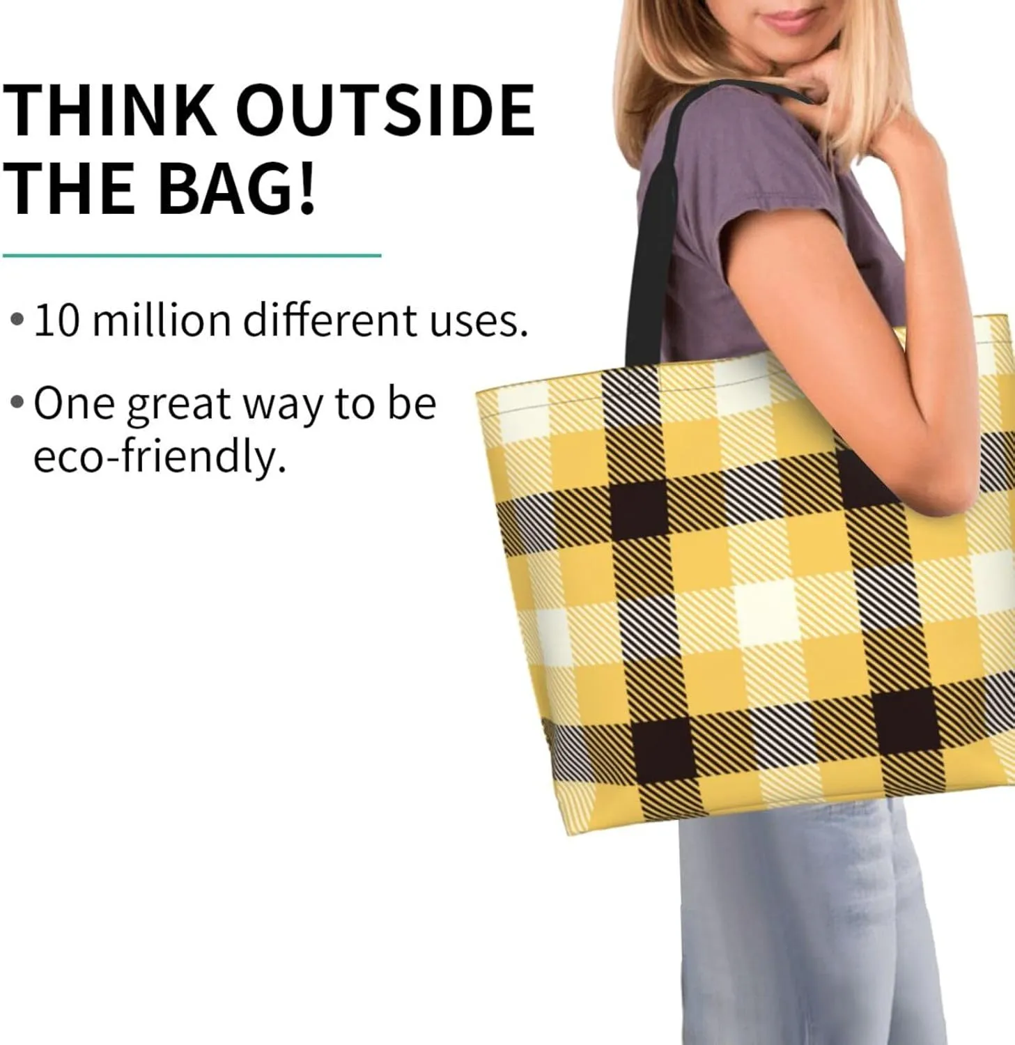 Yellow and Black Tartan Pattern Women's Tote Bag Large Capacity Single Shoulder Bags Handbag for Shopping Work