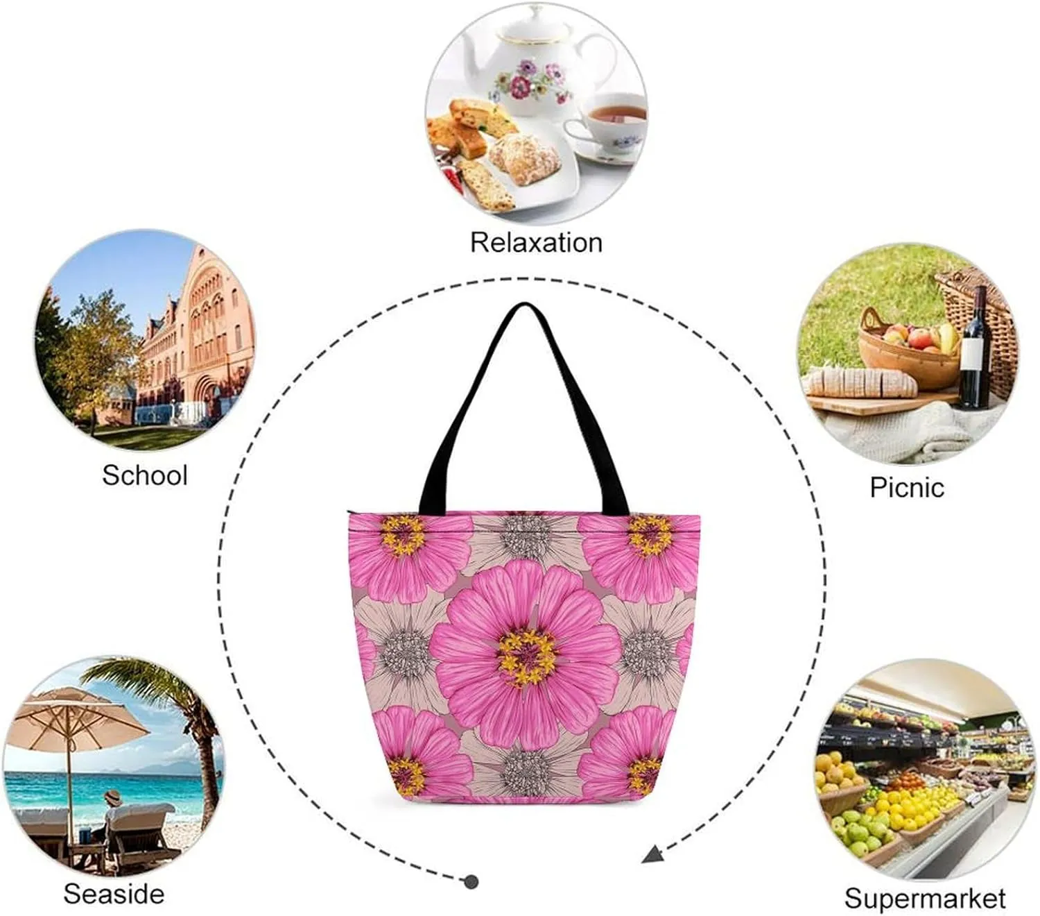Yellow Pink Orchid Flowers Hobo Handbags With Zipper Women's Tote Handbags