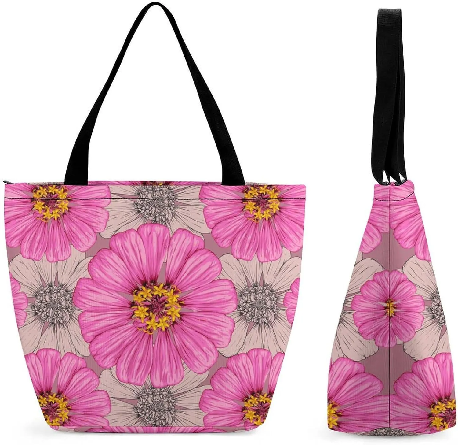 Yellow Pink Orchid Flowers Hobo Handbags With Zipper Women's Tote Handbags