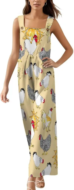 Yellow White Chicken Suspender Jumpsuit Womans Long Slings Overalls Coverall Casual Loose Sleeveless Wide Leg Romper