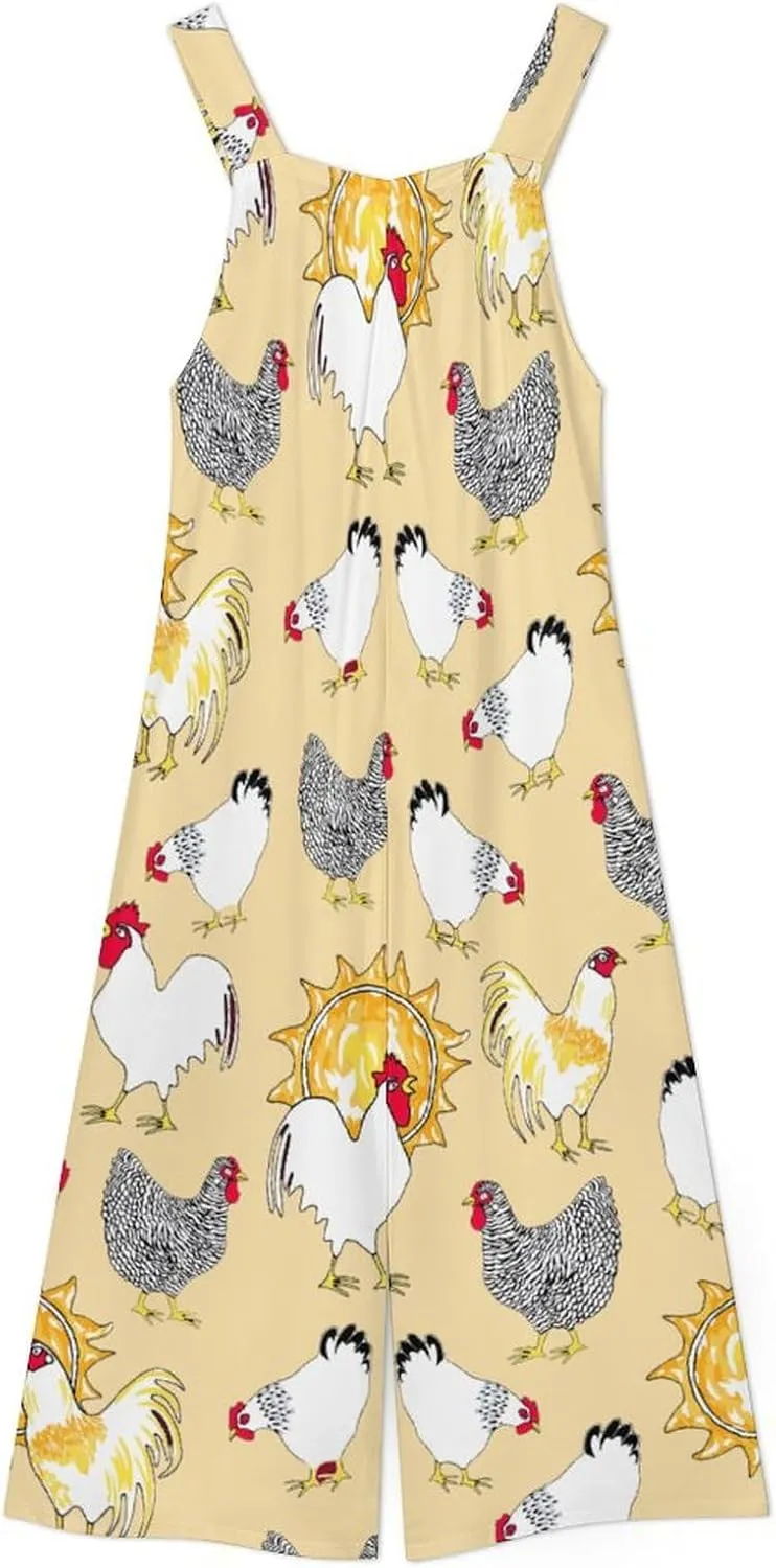 Yellow White Chicken Suspender Jumpsuit Womans Long Slings Overalls Coverall Casual Loose Sleeveless Wide Leg Romper