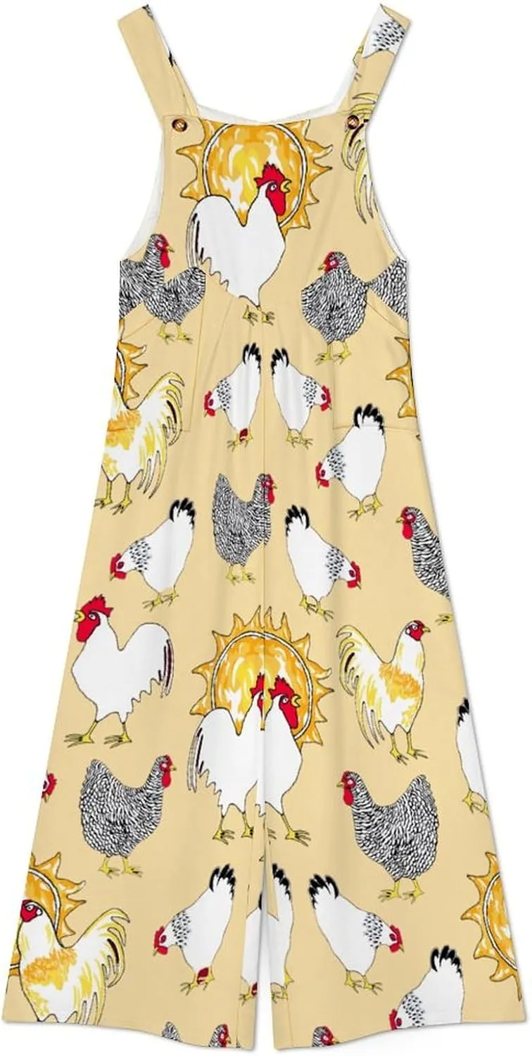 Yellow White Chicken Suspender Jumpsuit Womans Long Slings Overalls Coverall Casual Loose Sleeveless Wide Leg Romper