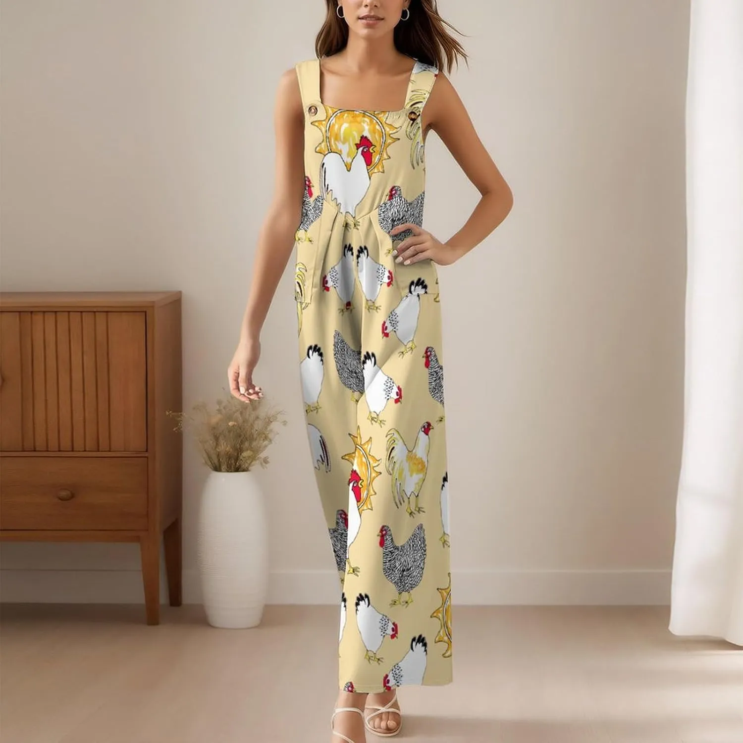 Yellow White Chicken Suspender Jumpsuit Womans Long Slings Overalls Coverall Casual Loose Sleeveless Wide Leg Romper