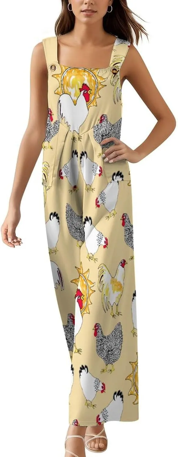 Yellow White Chicken Suspender Jumpsuit Womans Long Slings Overalls Coverall Casual Loose Sleeveless Wide Leg Romper
