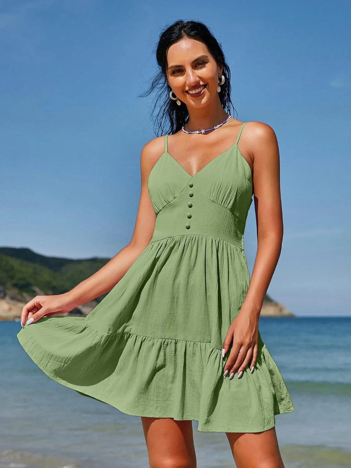 ZAFUL Women's Casual V Neck Summer Mini Dress Spaghetti Strap A-Line Short Dresses Backless Solid Color Sundress