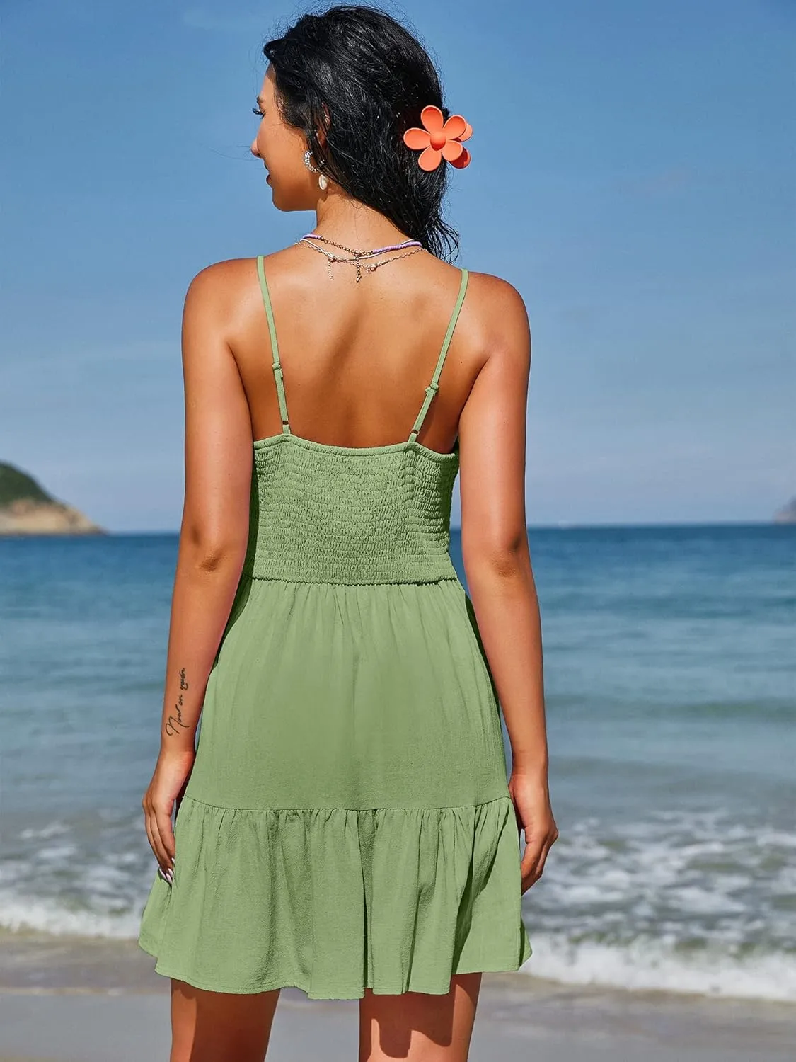 ZAFUL Women's Casual V Neck Summer Mini Dress Spaghetti Strap A-Line Short Dresses Backless Solid Color Sundress