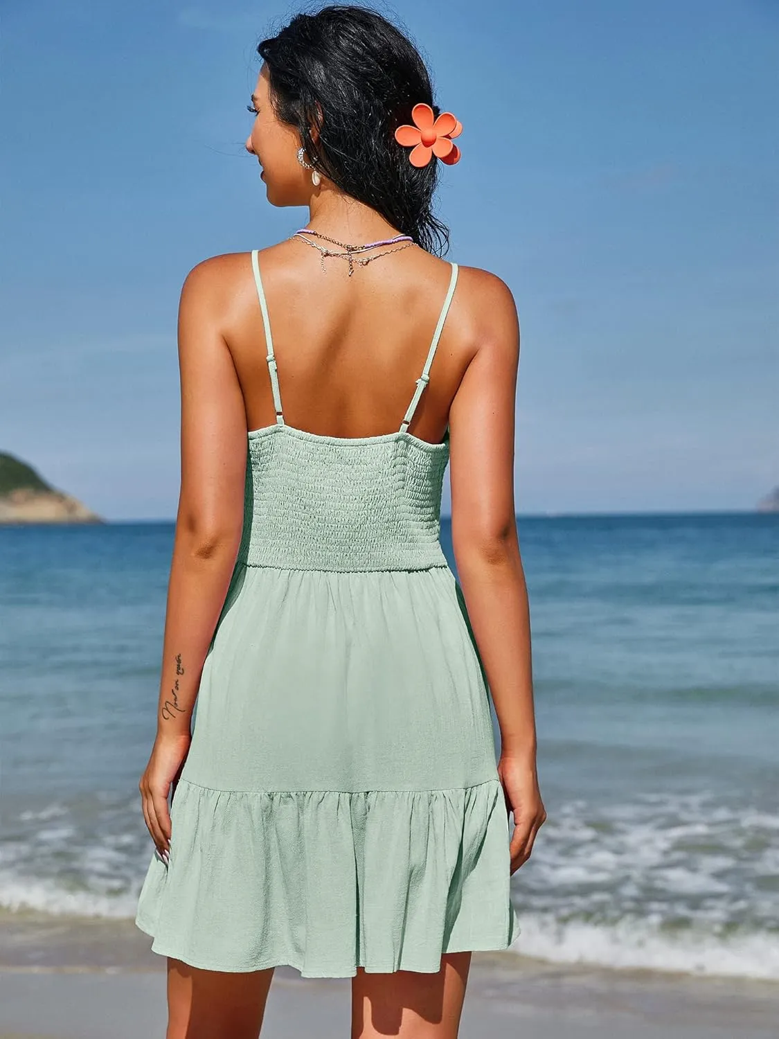 ZAFUL Women's Casual V Neck Summer Mini Dress Spaghetti Strap A-Line Short Dresses Backless Solid Color Sundress